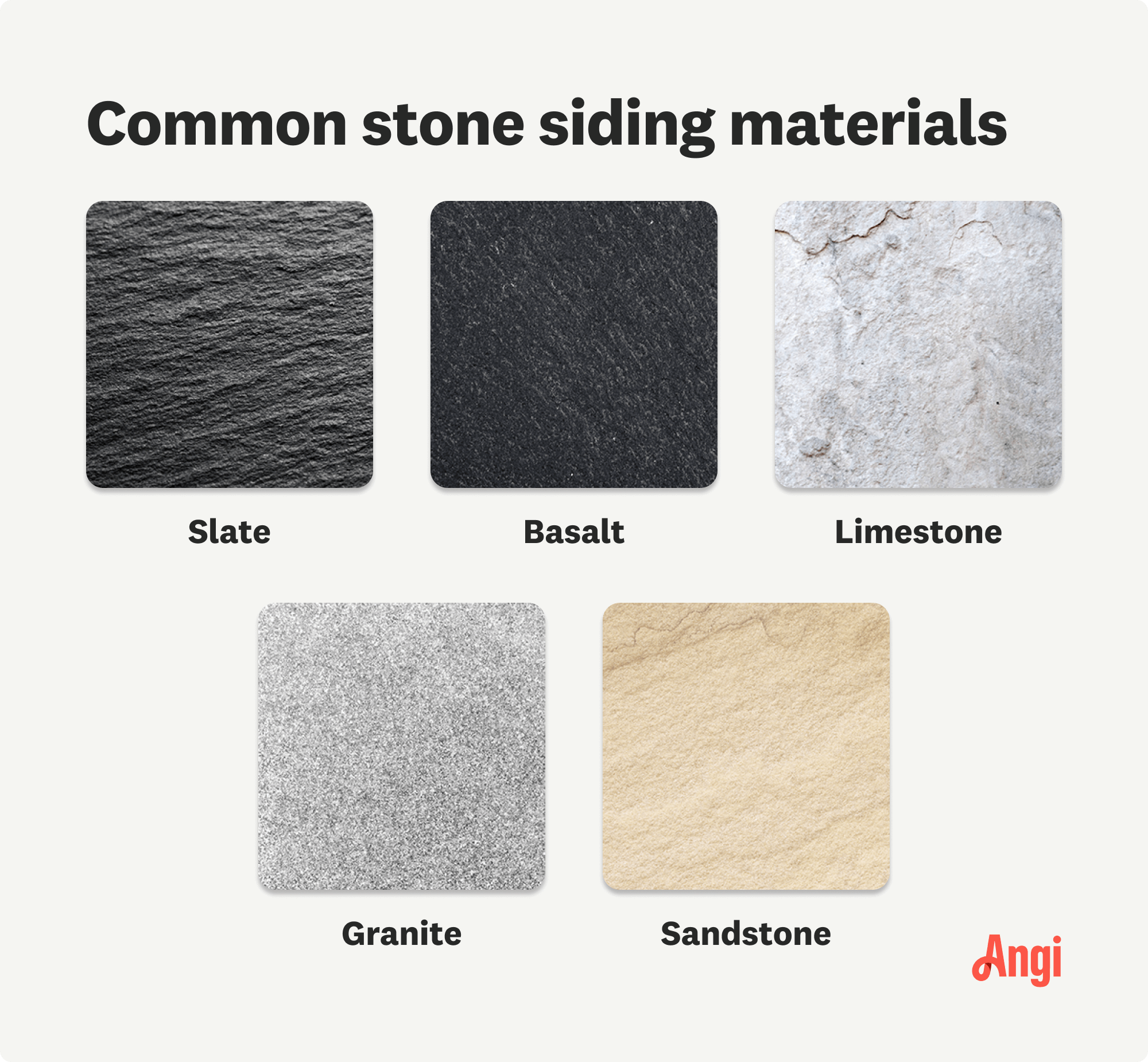 5 common stone siding materials compared visually, including slate, basalt, and limestone