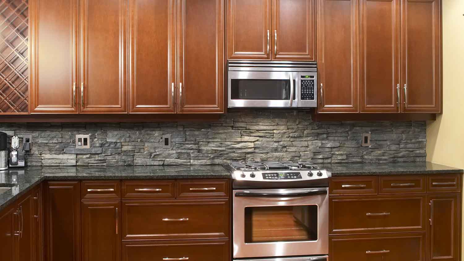 Stone veneer backsplash installed in the kitchen