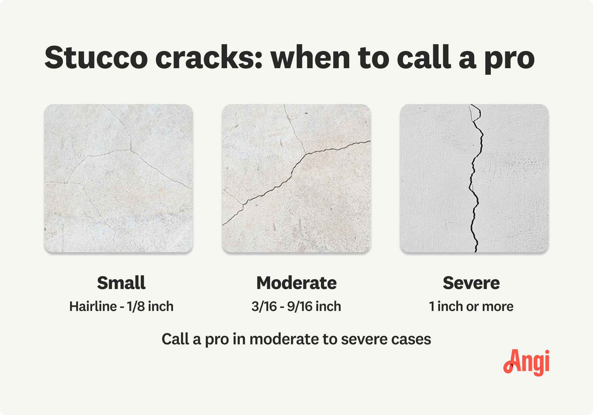 3 sizes of stucco cracks compared visually, with moderate cracks ranging from 3/16 - 9/16 inch requiring a pro to fix it
