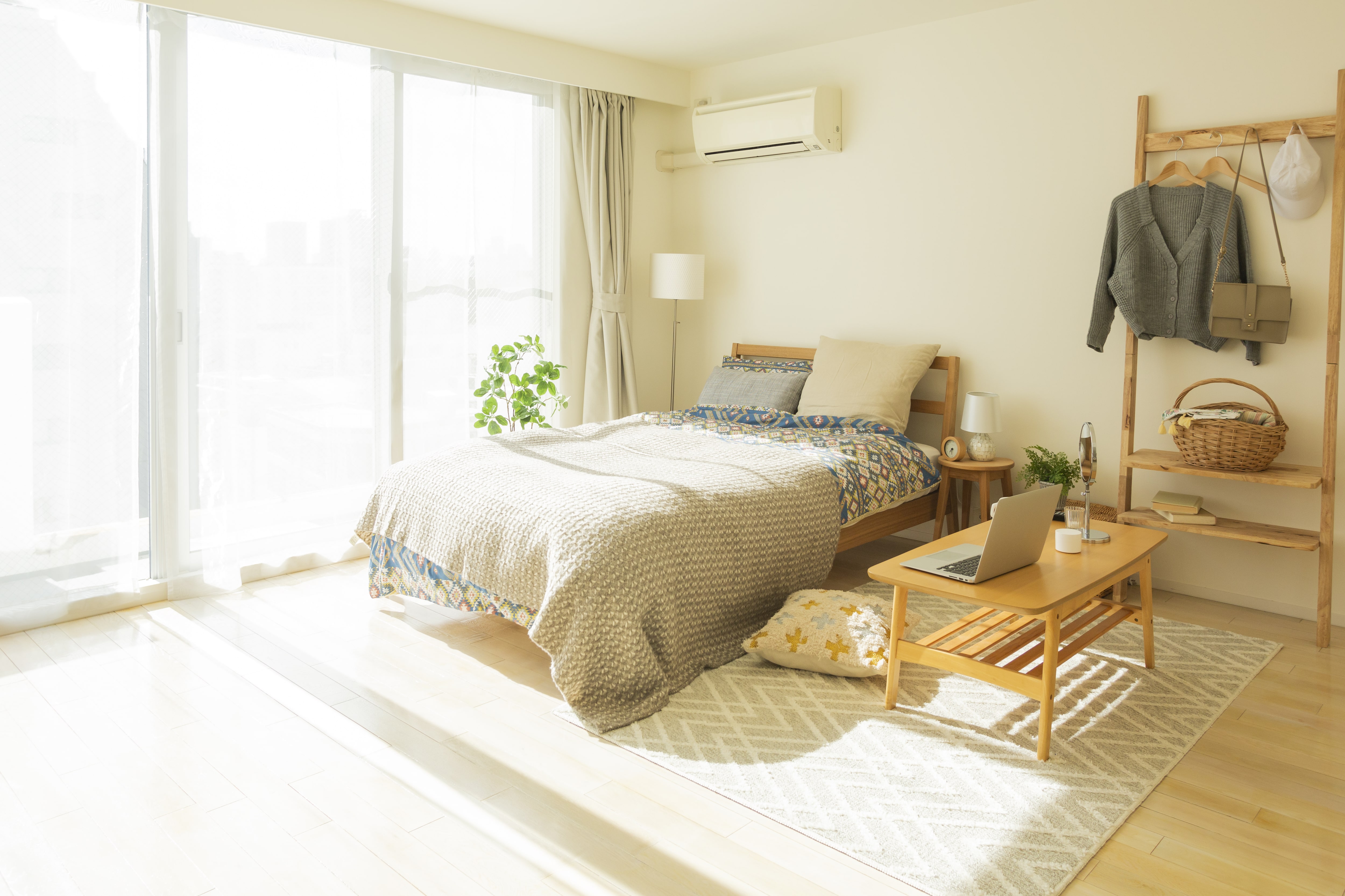 Clothing rack next to sleeping area in apartment