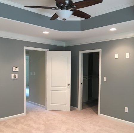 carpeted room with tray ceiling