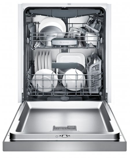 Bosch SHE68T55UC dishwasher, door fully open, racks loaded.