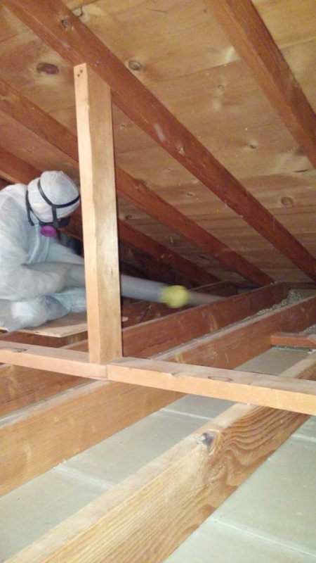 worker installing insulation in attic