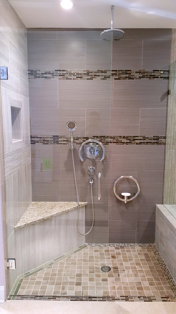walk-in shower with round grab bars
