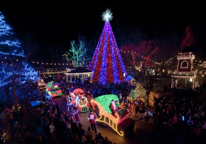 Silver Dollar City in Branson, Missouri features a five-story Christmas tree with musically synced lights. (Photo courtesy of Branson Convention and Visitors Bureau)