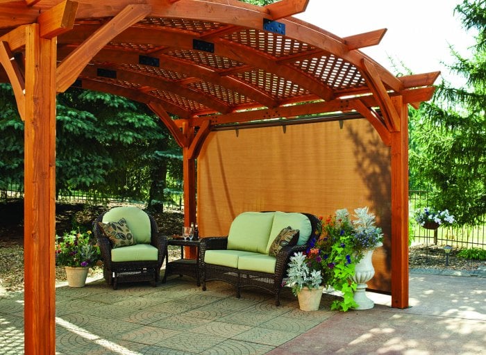 drapery curtain on wooden pergola