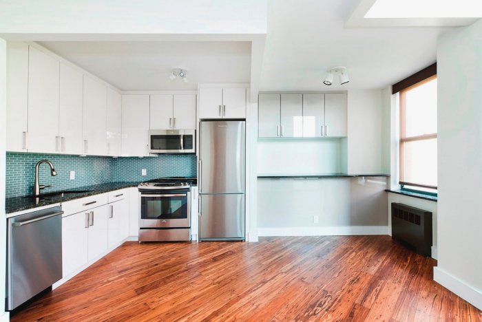 White kitchen cabinets with stainless steel appliances