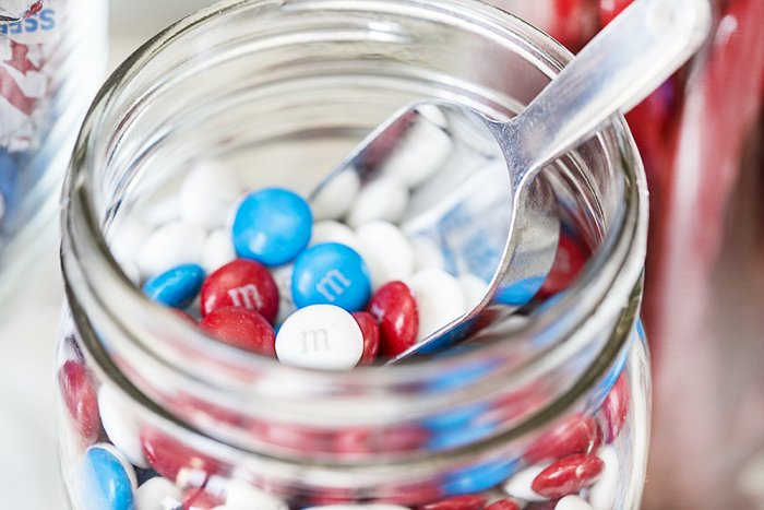red, white and blue M&M's