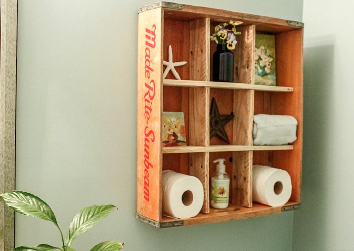 storage cubbies in bathroom