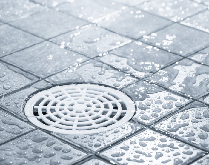 Close up of plastic drain embedded in shower tiles