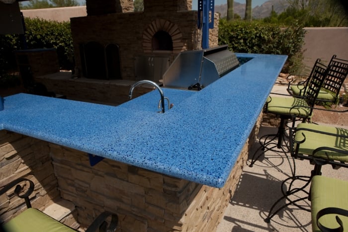recycled glass countertops in outdoor kitchen