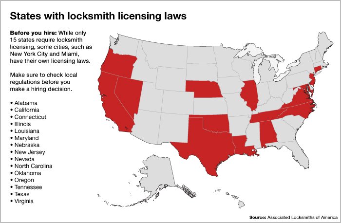 Map of states with locksmith licensing laws