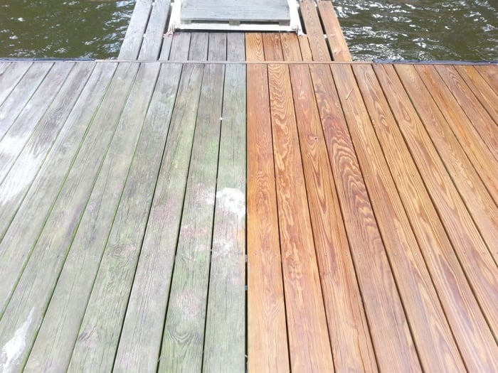 before and after power washing a deck