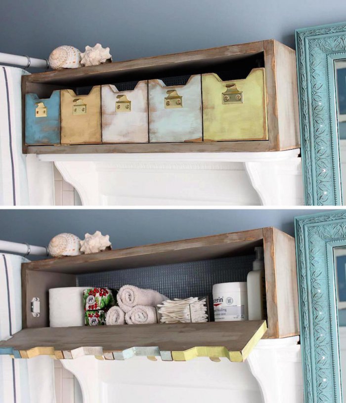 DIY storage cubby in bathroom