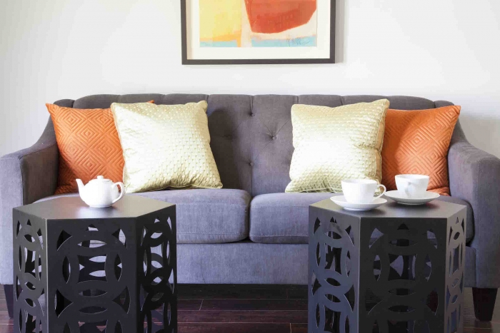 a couch with throw pillows
