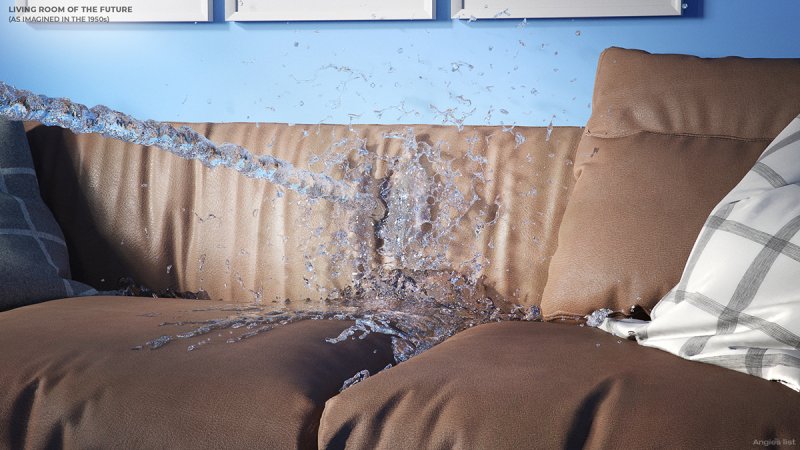 living room of the future close up - water spraying/cleaning on a sofa