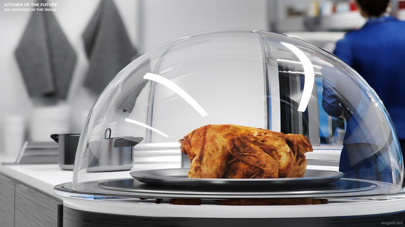 the kitchen of the future - chicken cooking under glass dome