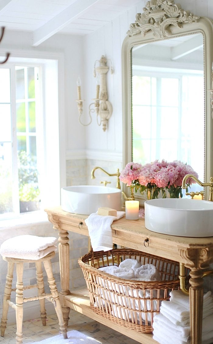 This plain console was turned into a stunning double vanity. (Photo courtesy of Courtney A/The French Country Cottage)