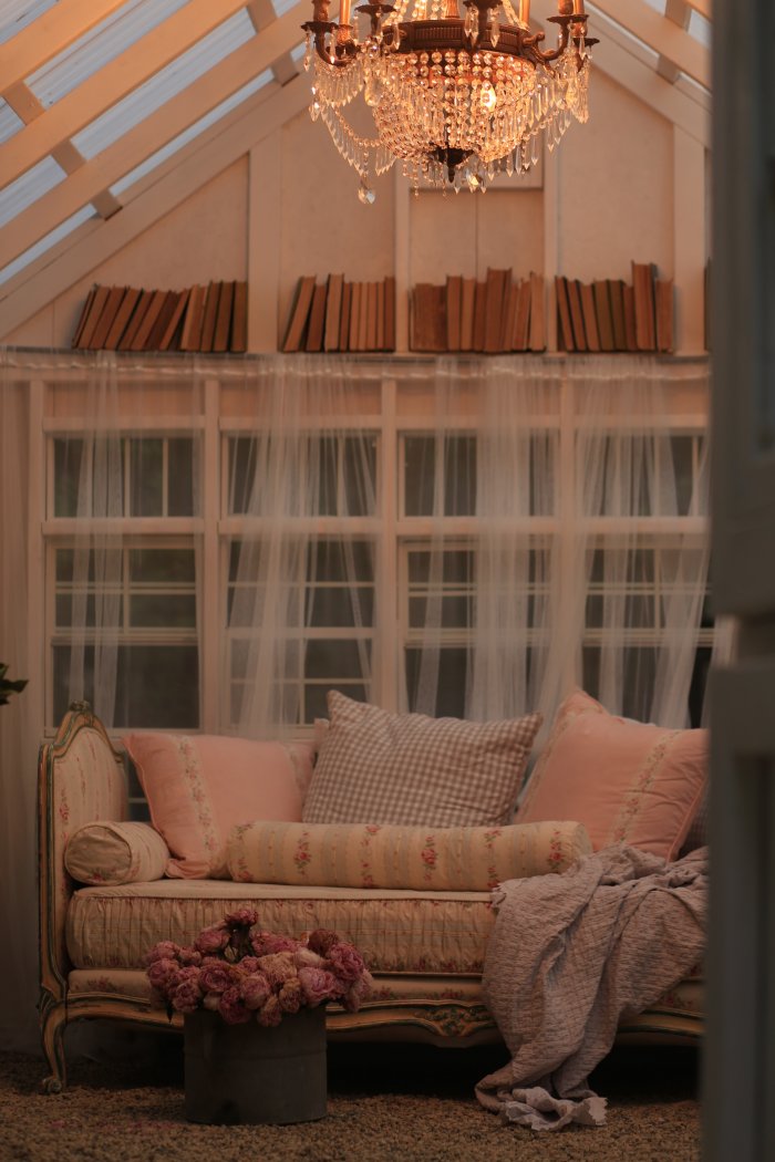 A beautiful glow suffuses the shed at night. (Photo courtesy of Courtney Allison/The French Country Cottage)