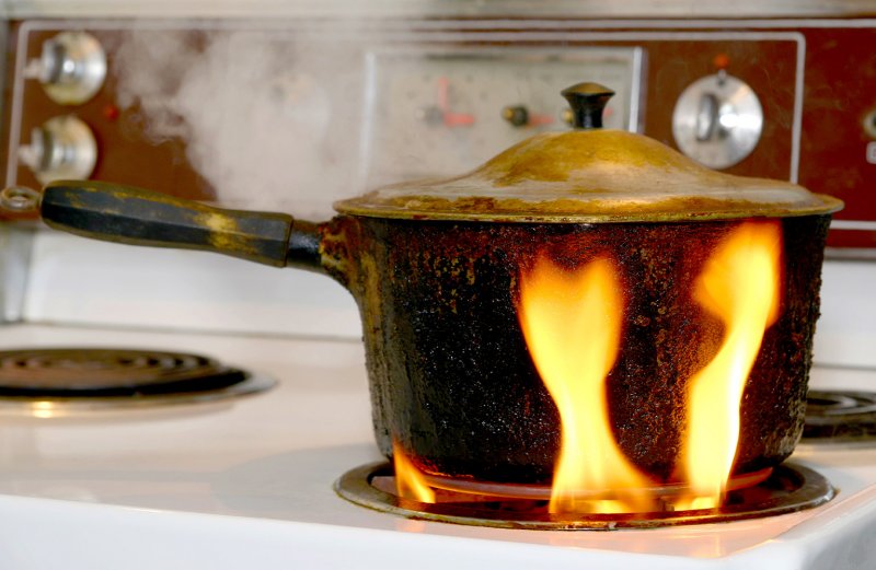 pot catching on fire in the kitchen (Photo by Madsci/iStock/Getty Images Plus via Getty Images)