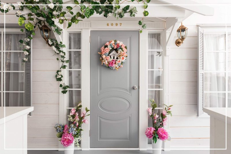 Greige paint color front door (Photo by Fusionstudio/Shutterstock.com)