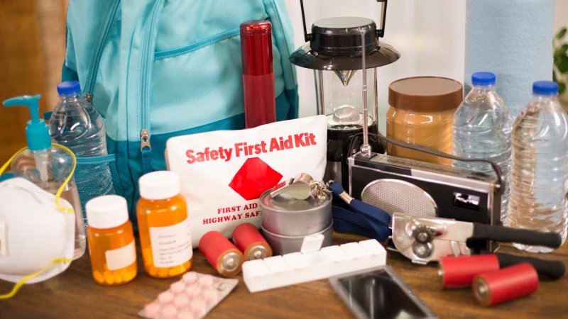 Supplies for a home emergency kit (Photo by LifestyleVisuals/iStock / Getty Images Plus via Getty Images)
