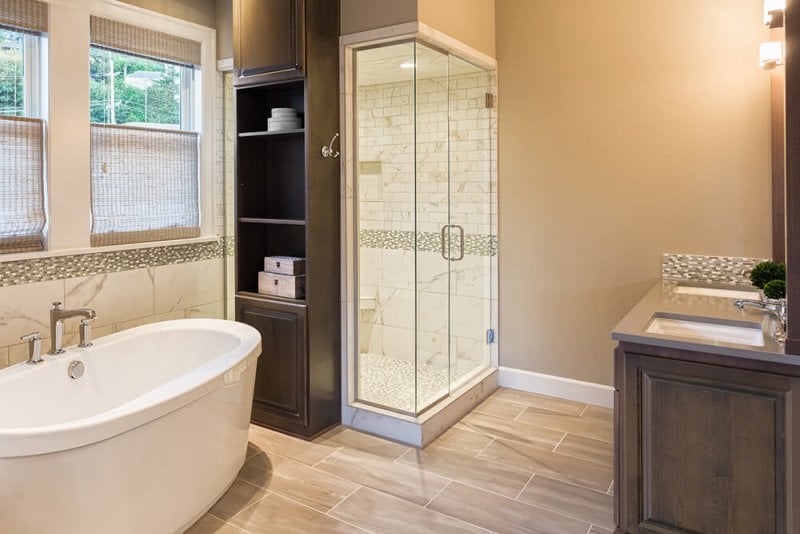 Modern luxury bathroom with vinyl flooring (Photo by hikesterson/iStock/Getty Images Plus via Getty Images)