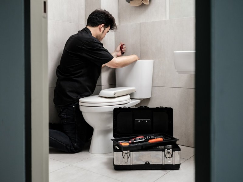 Plumber fixing toilet (Photo by Navinpeep/ Moment via Getty Images)
