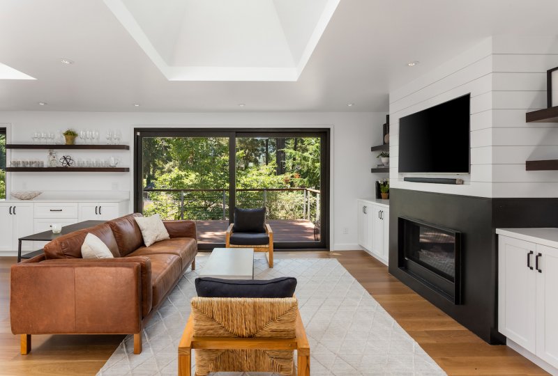 Black and white modern living room with shiplap fireplace and TV wall, skylight, hardwood floors, and patio with glass doors (Photo by bmak - stock.adobe.com)