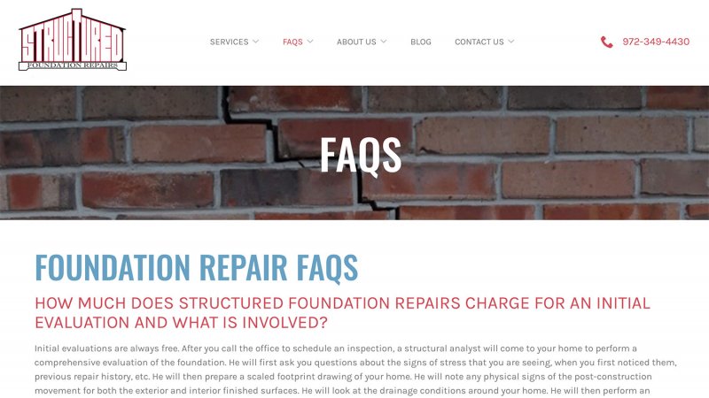 Structured Foundation Repairs' FAQ page (Photo by https://www.structuredfoundation.com/faqs/)