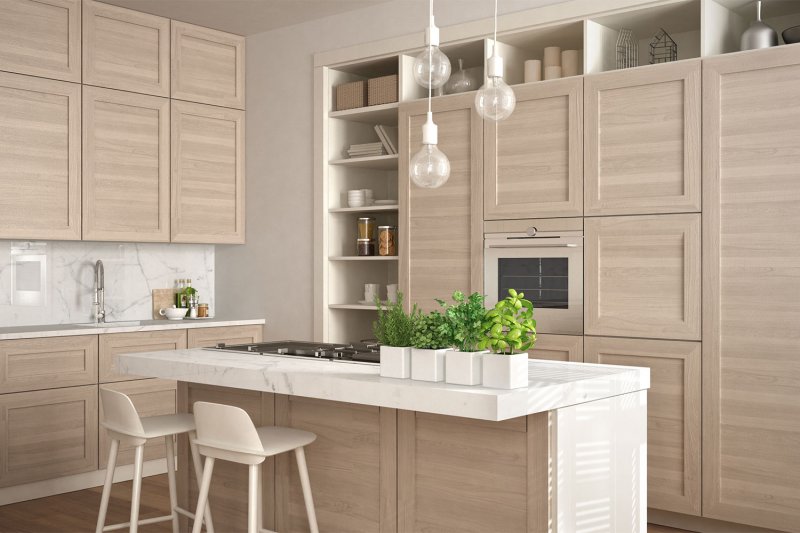 natural tan wood kitchen design (Photo by ArchiViz via Getty Images)