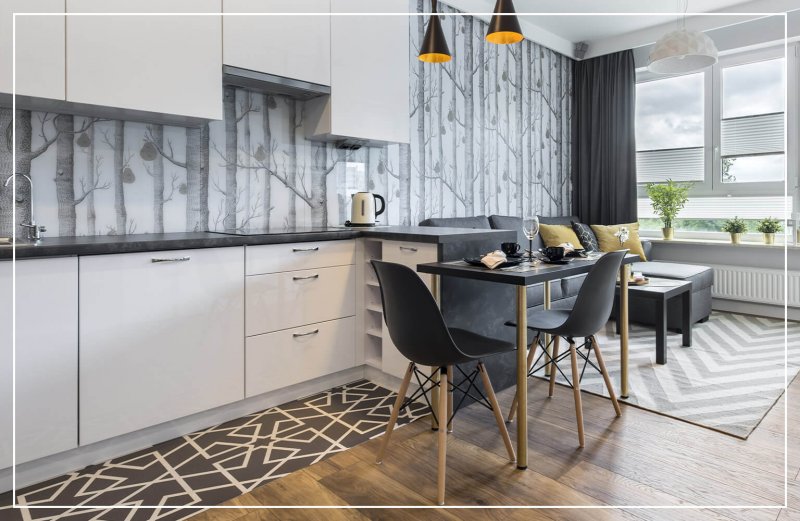tree wallpaper accent wall in kitchen (Photo by Cinematographer/Shutterstock.com)