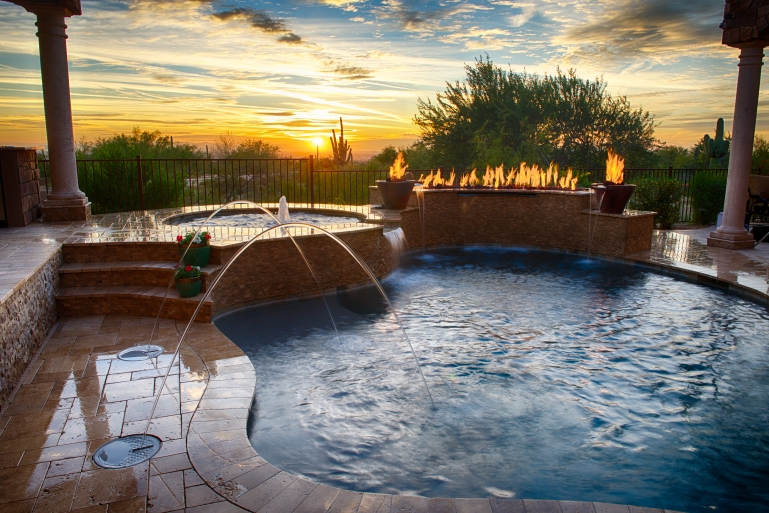 swimming pool, with fountains, built-in spa area and fire feature