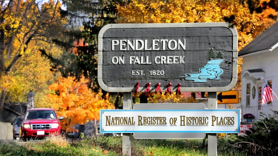 A sign for Pendleton indiana with National Register of Historic Places designation.