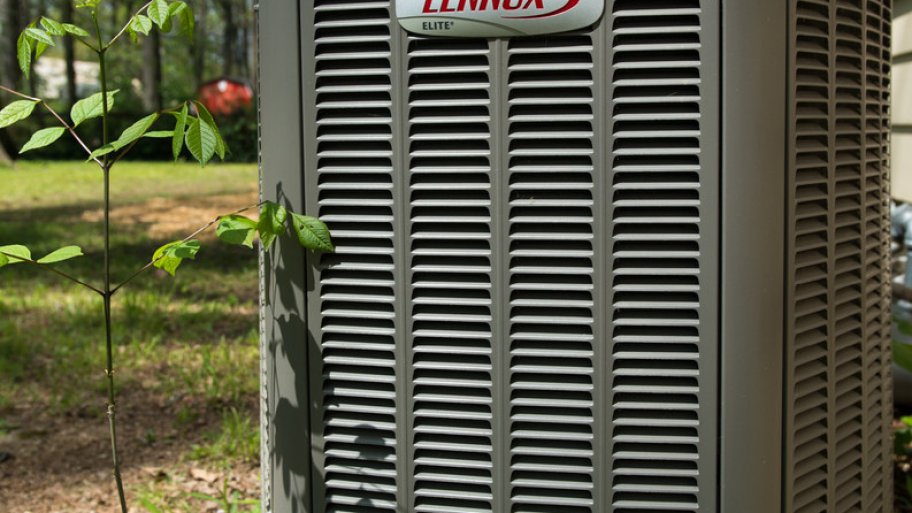 A heat pump surrounded by plants.