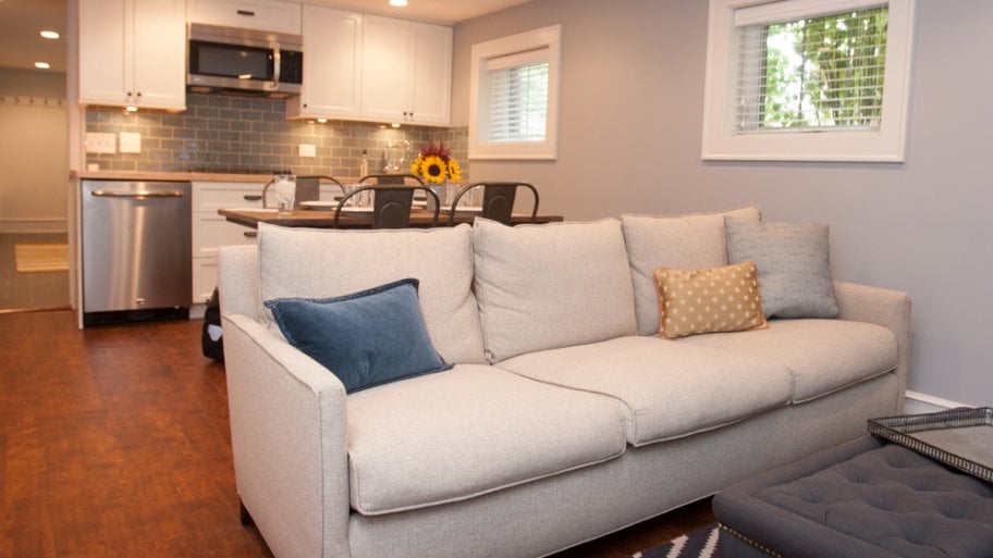 finished basement, remodeled basement, light and airy basement