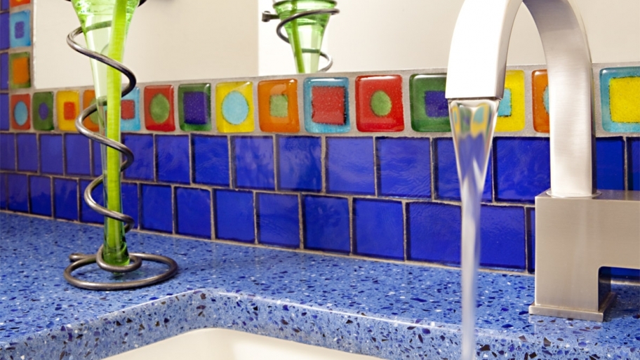 recycled glass countertop in kitchen