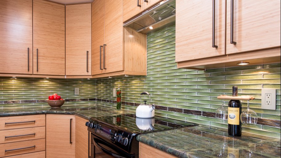 kitchen with granite countertops and bamboo cabinets