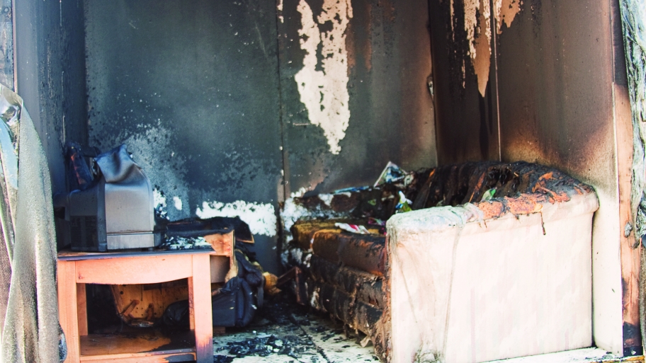 fire damaged living room