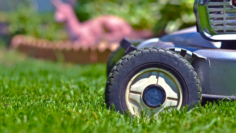 close up shot of a lawn mower wheel