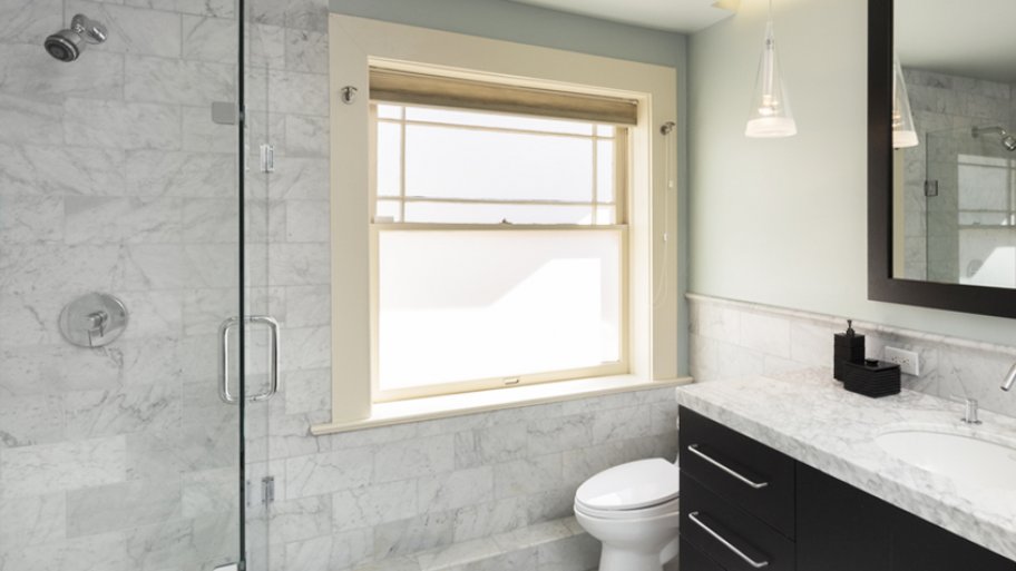 Gray marble tile bathroom