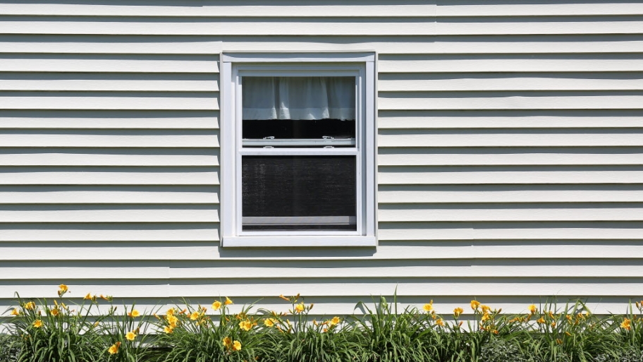 a house with vinyl siding, a window and some yellow flowers