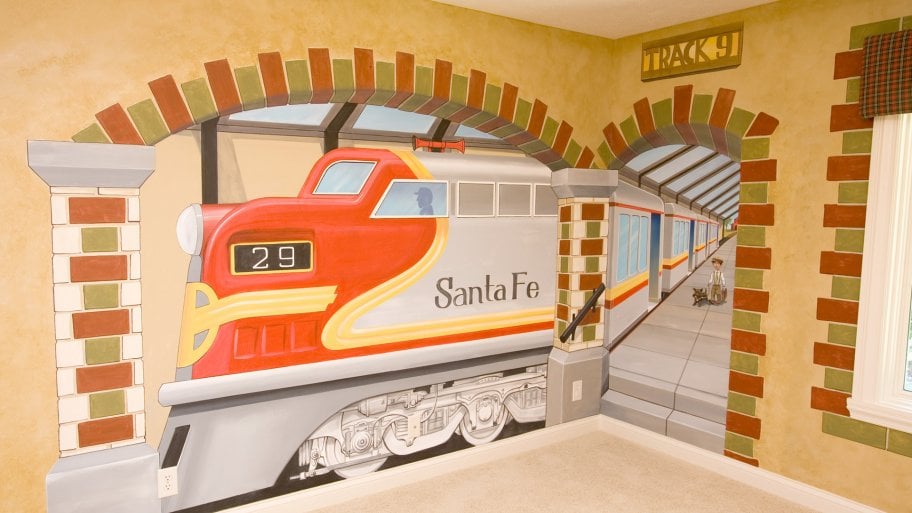 custom train mural in kid bedroom