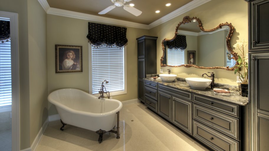 wood vanity granite countertop statement mirror vessel sinks