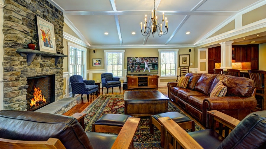 living room stone fireplace