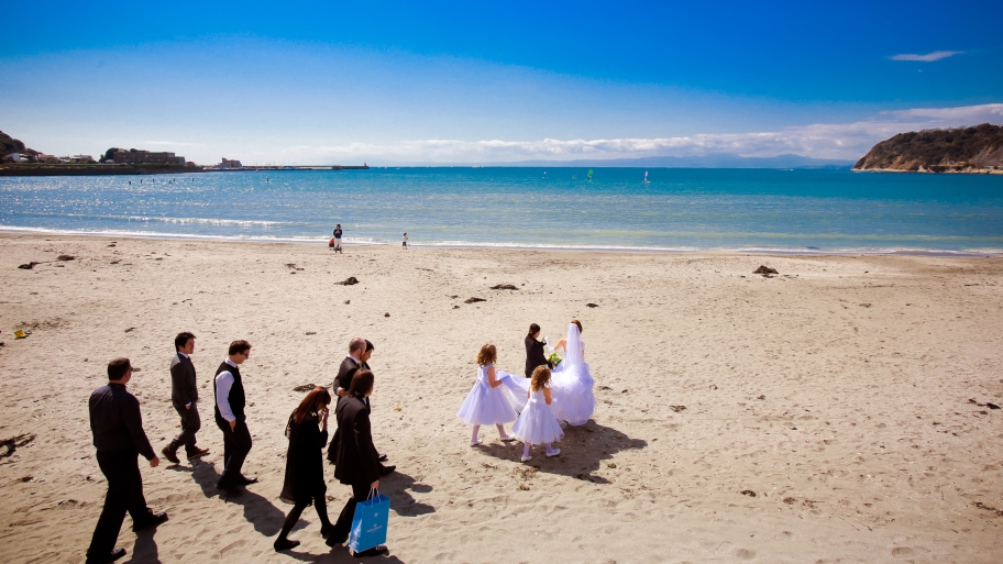 wedding party on a beach
