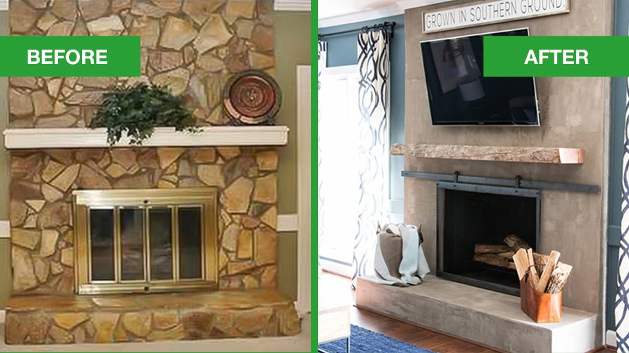 Concrete Industrial Fireplace Remodel Meets Cozy Chic Angi Angie S List Concrete Industrial Fireplace Remodel, How To Makeover A Stone Fireplace