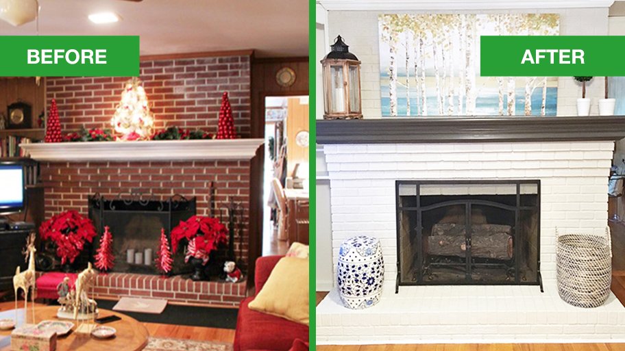 Dated Brick Fireplace Gets Painted White Angi Dated Brick Fireplace Gets Painted, Painting Brick Fireplace White Before And After