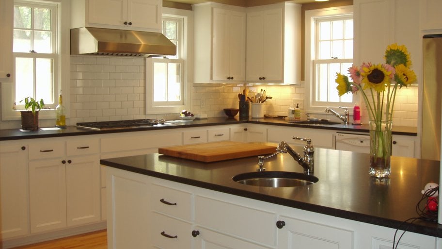 kitchen island with white cabinets