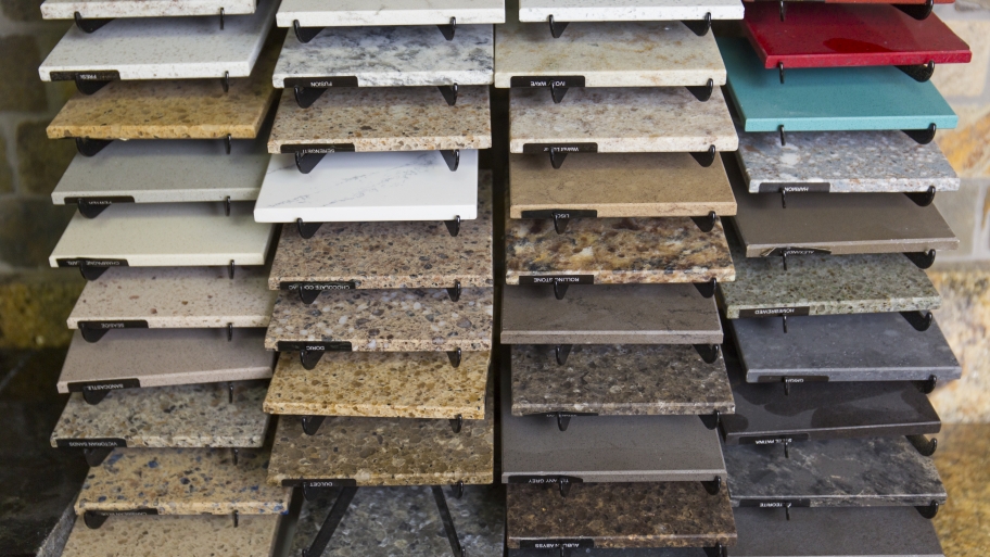 granite countertop samples in a showroom